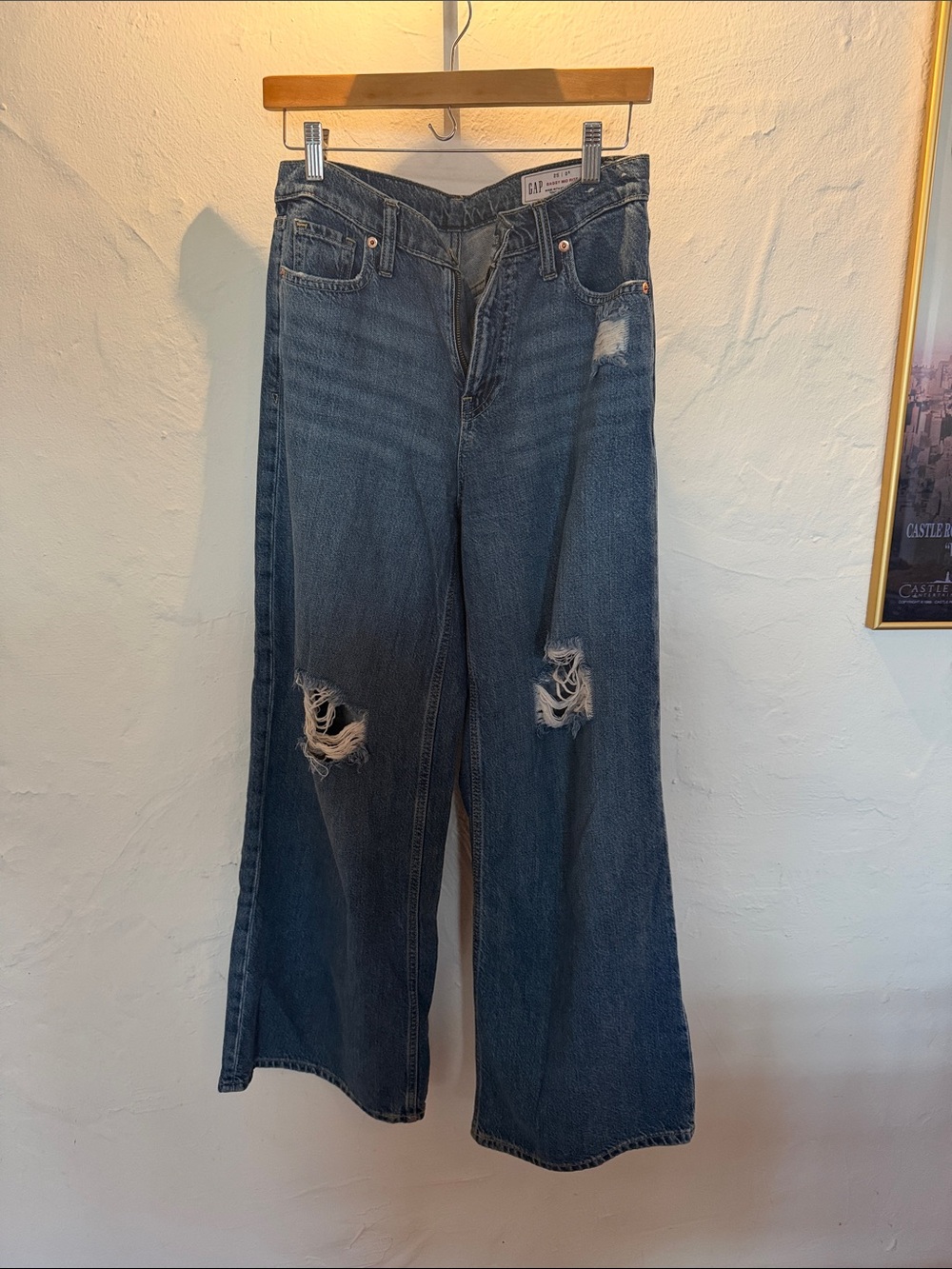 GAP Wide-Leg Distressed Jeans in Dark Blue